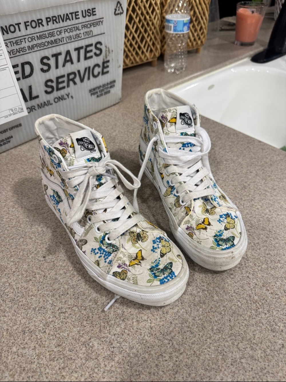 Vans High-Top Sneakers with Butterfly Floral Print - White/Yellow/Blue